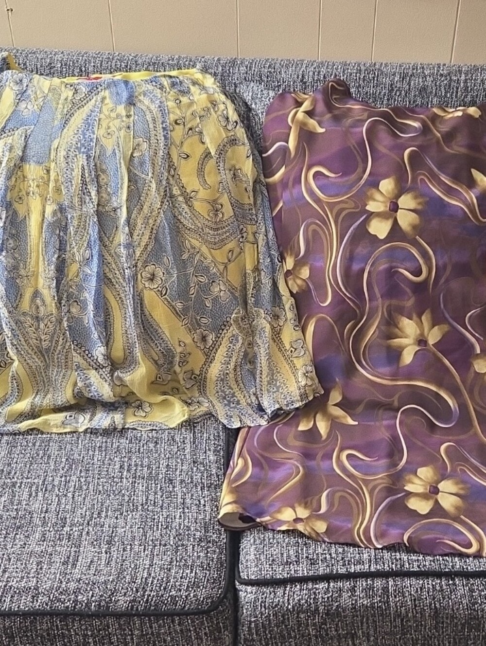 Maren Purple/Yellow Floral Satin Midi Skirt and AK Anne Klein Paisley Silk Skirt